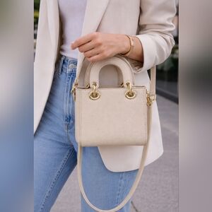 Mini Beige Structured Tote Crossbody Bag Gold Hardware Removable Strap